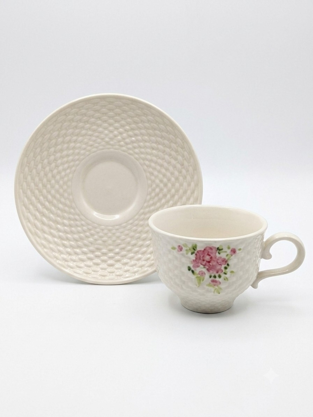 Vintage 1985 Teleflora Basketweave Ceramic Teacup & Saucer Pink Floral Set